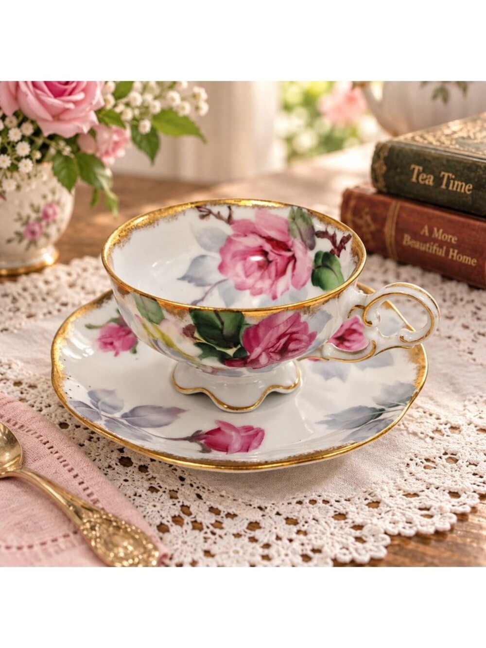 Lefton China WK912 Pink Rose Teacup Saucer Hand Painted Japan Gold Trim